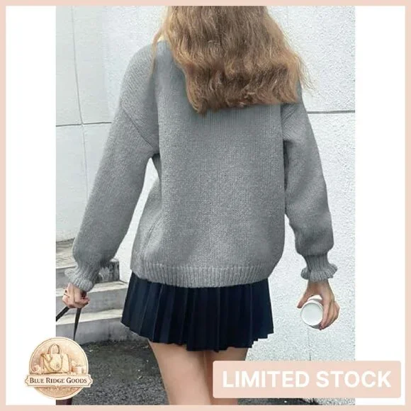 Oversized Ribbed Knit Cardigan Ruffle Neckline Open Front Chic Fall Sweater